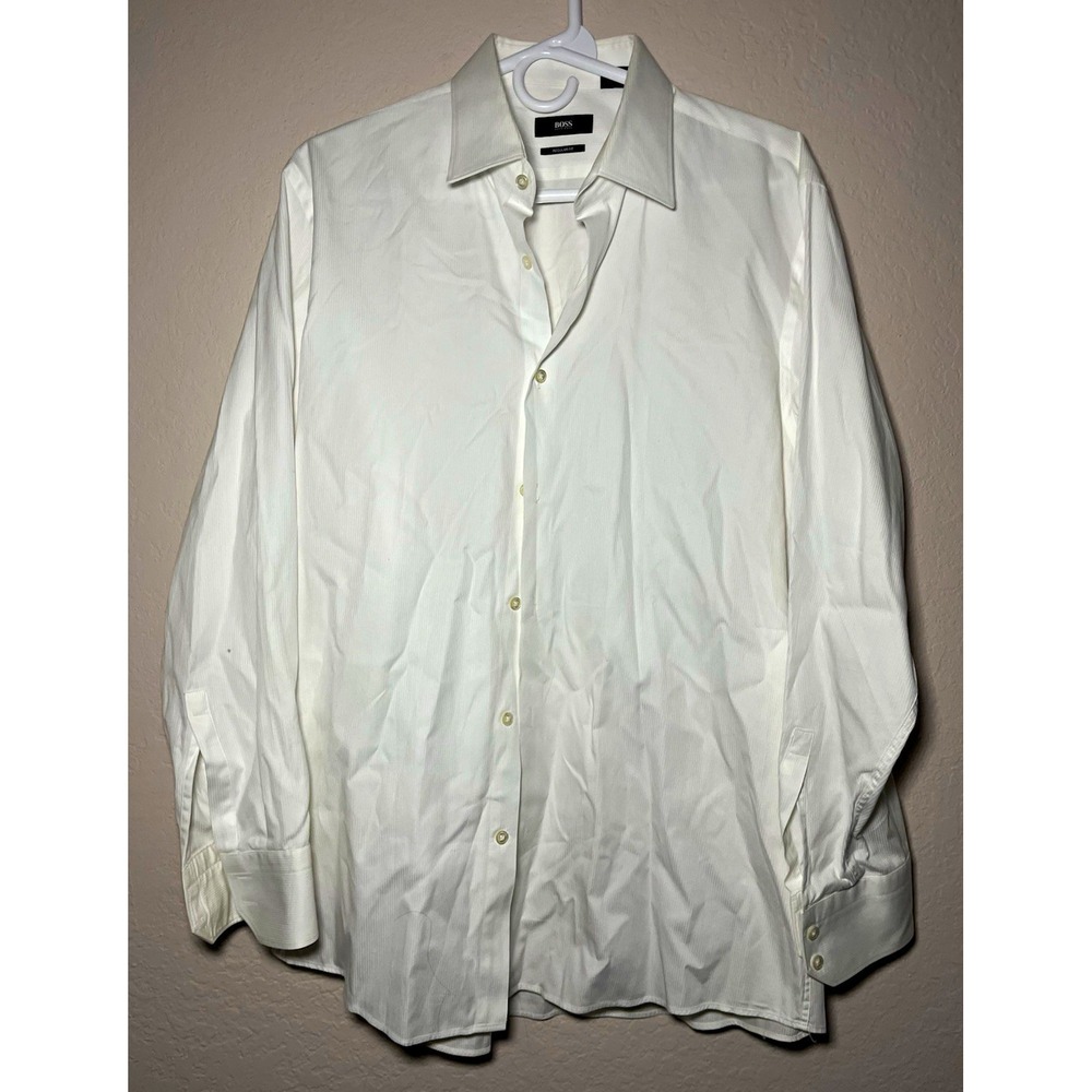BOSS Hugo Boss Dress Shirt White Solid Regular Fit Long Sleeve 16 32/33